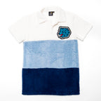 Front view of the Grizzly Chenille three tone polo in white, sky blue, and navy